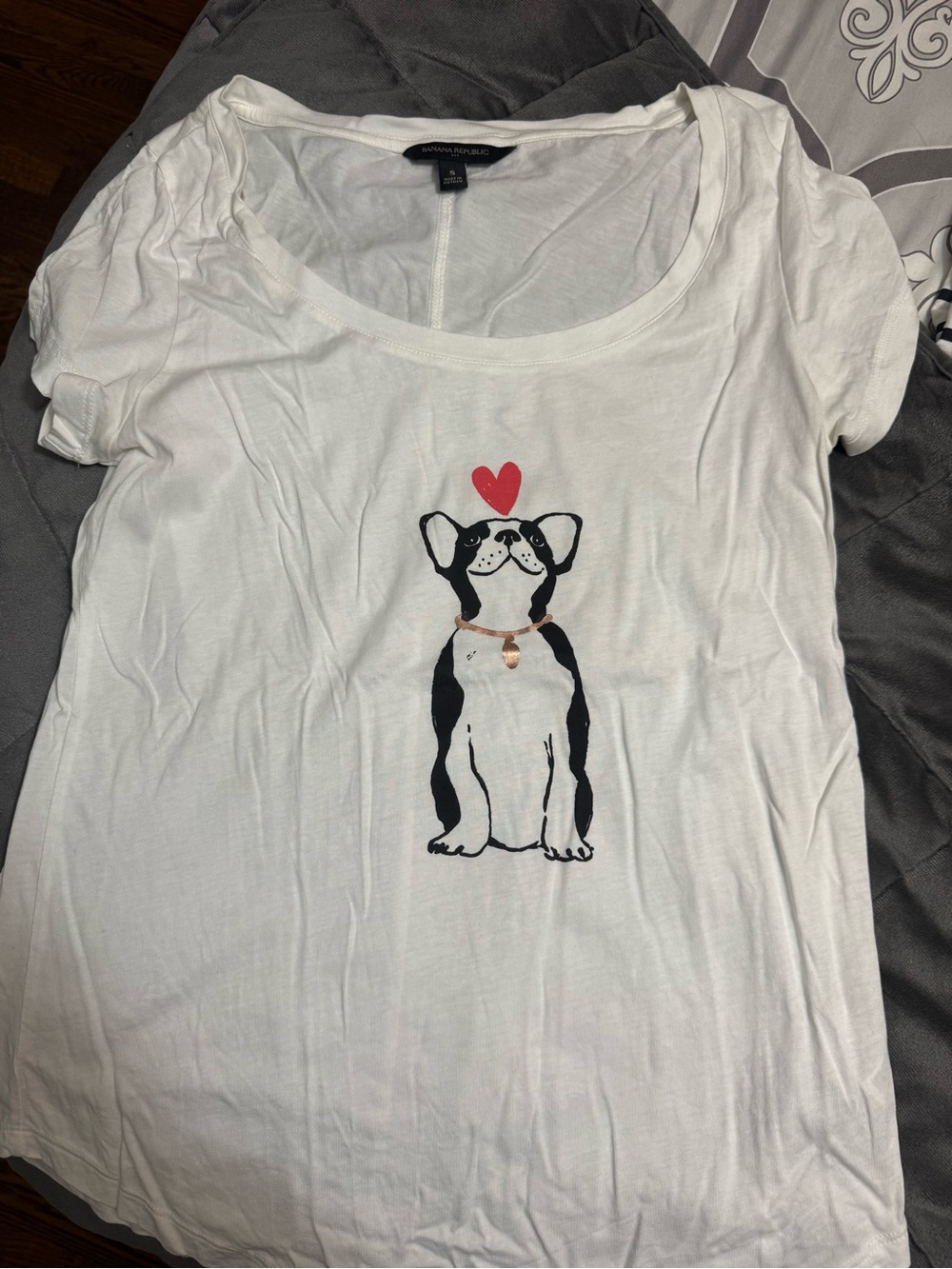 Banana Republic White Short Sleeve Tee with Black & Pink Dog Graphic